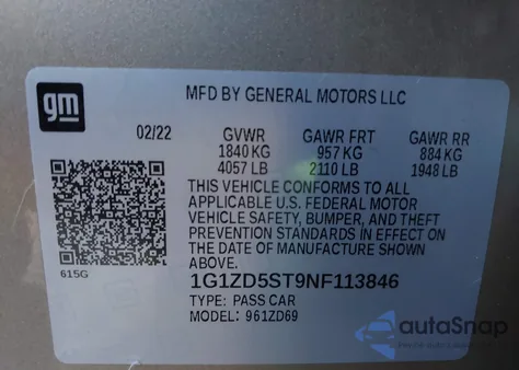 2022 Chevrolet Malibu Lt z USA, uszkodzony, nr VIN 1G1ZD5ST9NF113846